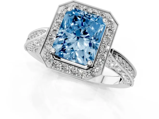 Fancy Blue Radiant Cut Diamond Halo Engagement Ring Set in Silver with Accent Split Shank Band – second view