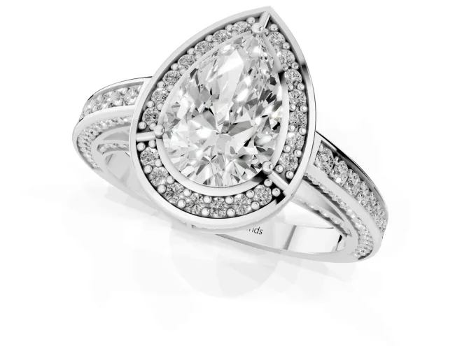 Pear Cut Diamond Halo Pavé Split Shank Ring Set in White gold with Prong Setting – second view