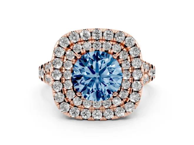 Fancy Blue Round Cut Diamond Double Halo Ring Set in Rose gold with Pavé Split Shank and Prong Setting