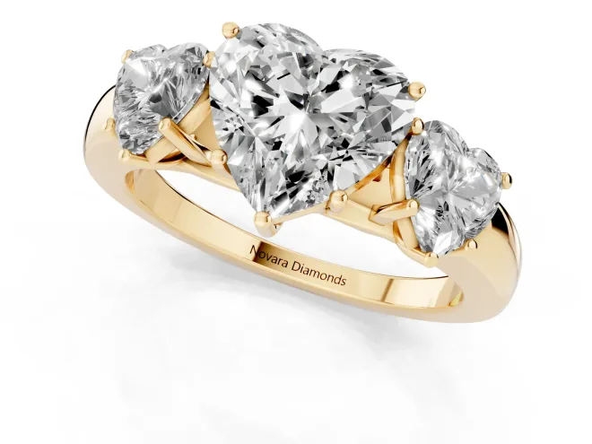 Heart Cut Diamond Three-Stone Ring Set in Yellow gold with Bold Center and Classic Band – second view