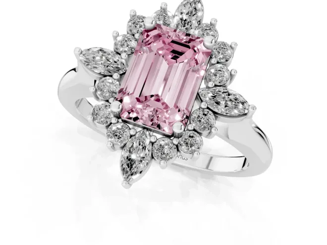 Fancy Pink Emerald Cut Diamond Cluster Halo Ring Set in Platinum with Marquise and Round Accents – second view