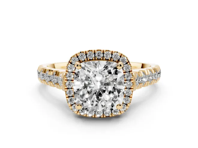Cushion Cut Diamond Halo Engagement Ring Set in Yellow gold with Pavé Band and Prong-Set Center