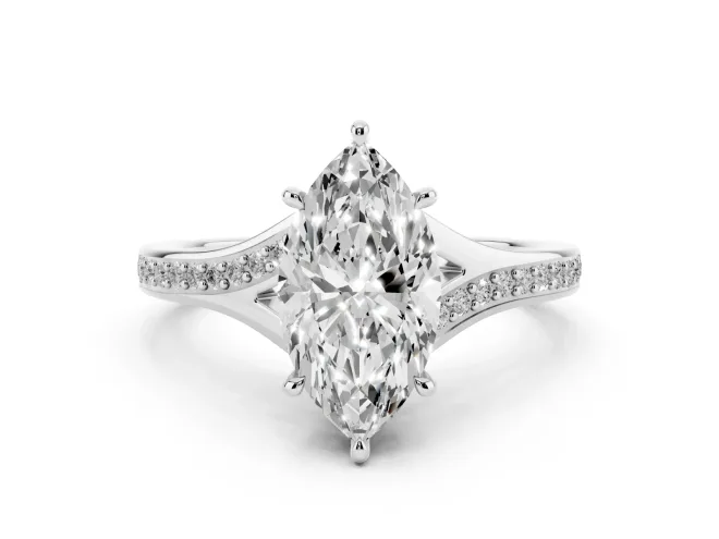 Marquise Cut Diamond Solitaire Ring Set in Silver with Pavé Accent Band and Classic Prong Setting