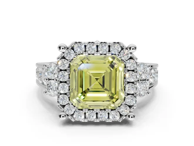 Asscher Cut Halo Engagement Ring Setting for a Fancy Yellow Lab-Grown Diamond | Graduated Channel Band | White Gold