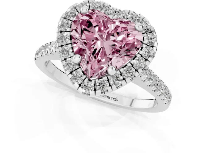 Fancy Pink Heart Cut Diamond Cushion Halo Ring Set in Platinum with Pavé Band – second view