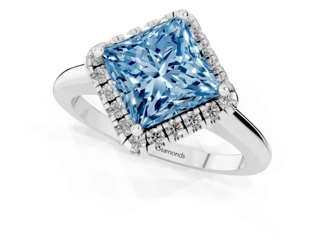 Fancy Blue Princess Cut Diamond Halo Engagement Ring Set in White gold with Pavé Band and Rising Shoulders – second view