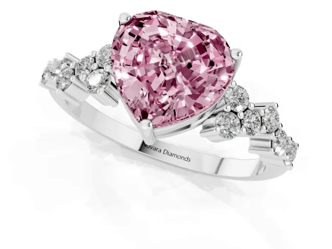 Fancy Pink Heart Cut Diamond Ring Set in Platinum with Scattered Round Accents – second view