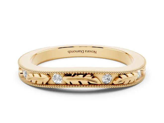 Round Lab-Grown Diamond Bezel Set Leaf Motif Wedding Band | Milgrain Edges | Yellow Gold