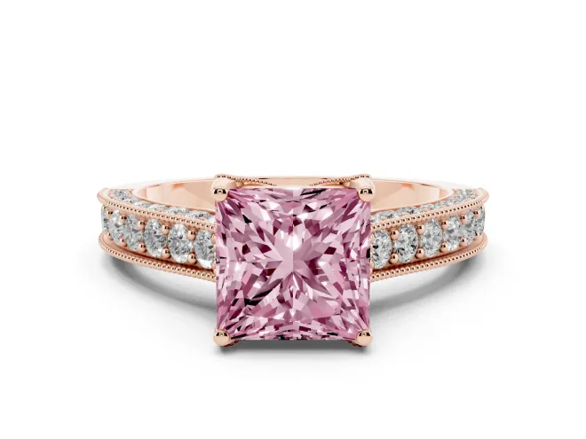Princess Cut Hidden Halo Engagement Ring Setting for a Fancy Pink Lab-Grown Diamond | Milgrain Pavé | Rose Gold