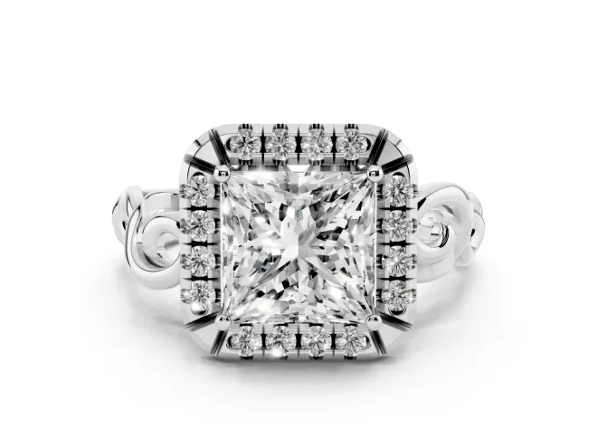 Princess Cut Vintage Filigree Halo Engagement Ring Setting | Scroll Shoulders | Sterling Silver