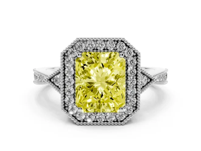 Radiant Cut Milgrain Halo Engagement Ring Setting for a Fancy Yellow Lab-Grown Diamond | Graduated Pavé | White Gold
