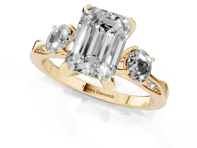 Emerald Cut Hidden Halo Three Stone Engagement Ring Setting | Pave Gallery | Yellow Gold – second view