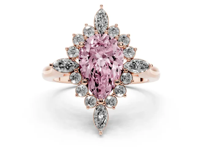 Fancy Pink Pear Cut Diamond Cluster Halo Ring Set in Rose gold with Marquise and Round Accents