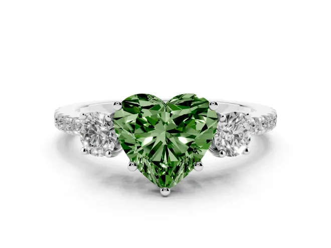 Fancy Green Heart Cut Diamond Three-Stone Ring Set in White gold with Pavé Band and Graduated Sides