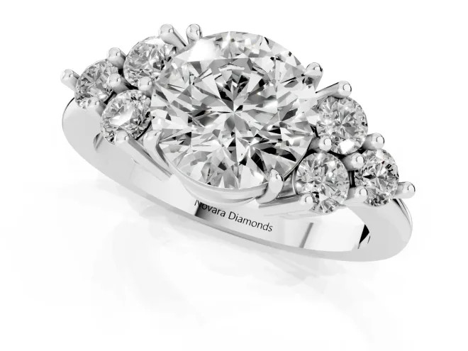 Round Cut Diamond Solitaire Ring Set in Silver with Cluster Accents on Each Side – second view