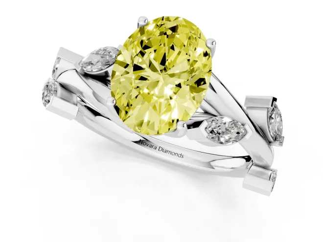 Fancy Yellow Oval Cut Diamond Solitaire Ring Set in White gold with Twisted Marquise Accent Band – second view