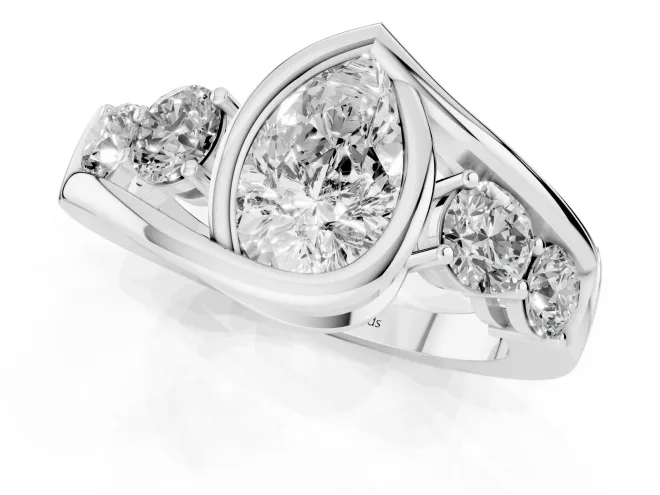 Pear-Shaped Bezel Bypass Engagement Ring Setting | Round Side Stones | White Gold – second view