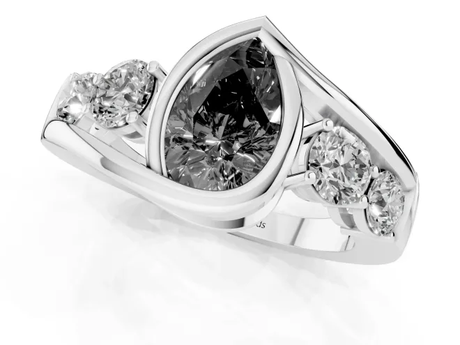 Fancy Black Pear Cut Diamond Bezel Bypass Ring Set in White gold with Round Accents – second view