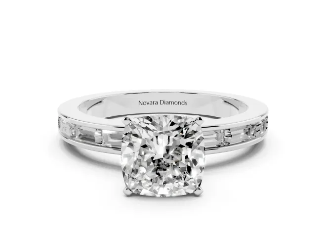 Cushion Cut Channel Set Engagement Ring Setting | Baguette Side Stones | White Gold