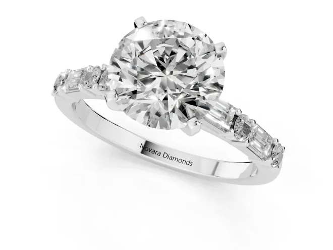 Round Cut Diamond Solitaire Set in Silver with Side Baguettes and Channel Set Band – second view