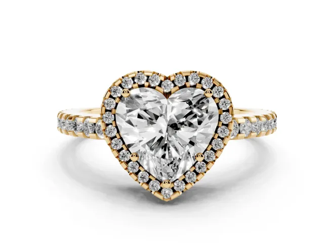 Heart Cut Diamond Halo Ring Set in Yellow gold with Pavé Shoulders and Halo-Framed Center