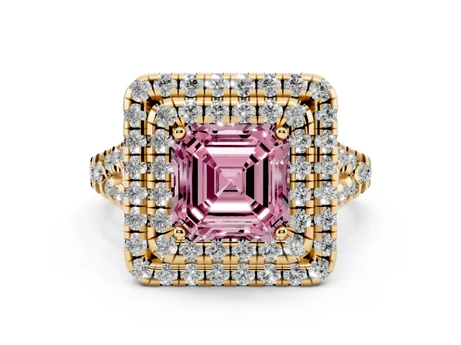 Asscher Cut Halo Split Shank Engagement Ring Setting for a Fancy Pink Lab-Grown Diamond | Pavé Strands | Yellow Gold