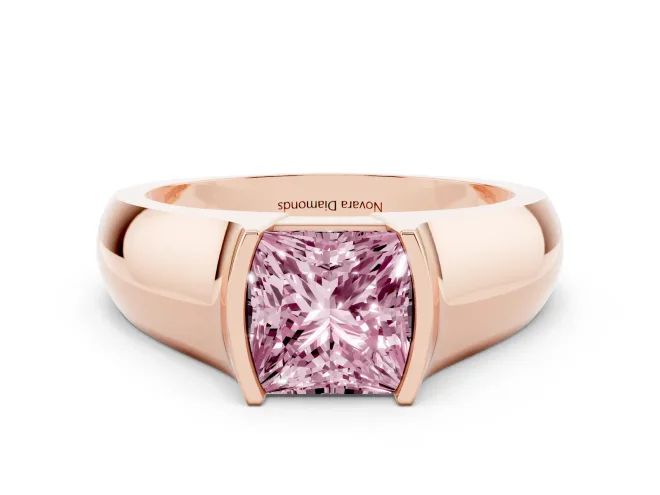 Fancy Pink Princess Cut Diamond Bezel Solitaire Ring Set in Rose gold with Wide Band