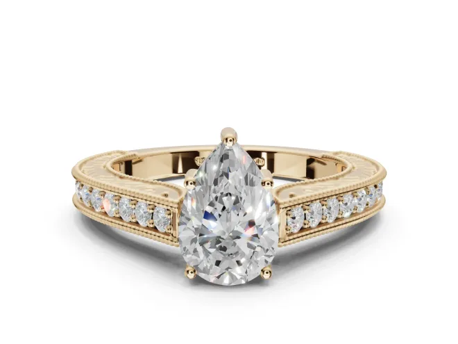 Pear-Shaped Vintage Engraved Pavé Engagement Ring Setting | Milgrain Edges | Yellow Gold