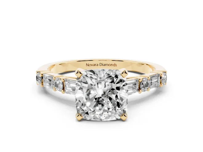 Cushion Cut Baguette Side Stone Engagement Ring Setting | Alternating Accents | Yellow Gold