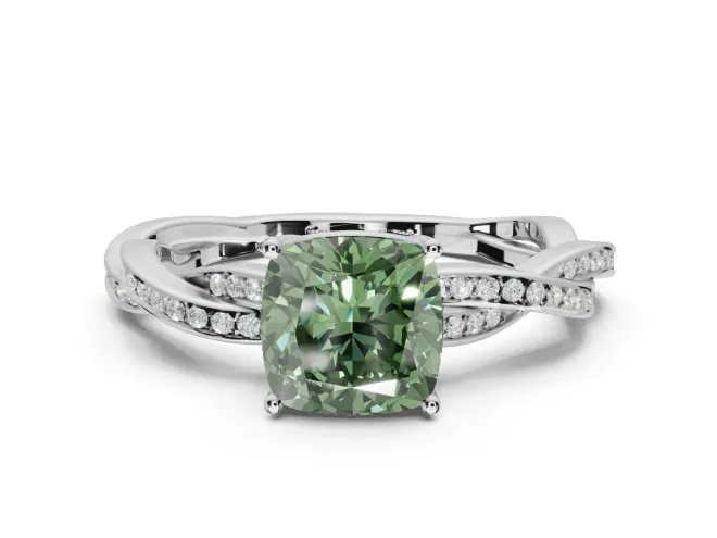 Cushion Cut Twisted Pavé Solitaire Engagement Ring Setting for a Fancy Green Lab-Grown Diamond | White Gold
