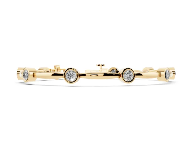 Round Lab-Grown Diamond Bezel Station Link Bracelet | Polished Bar Links | Yellow Gold