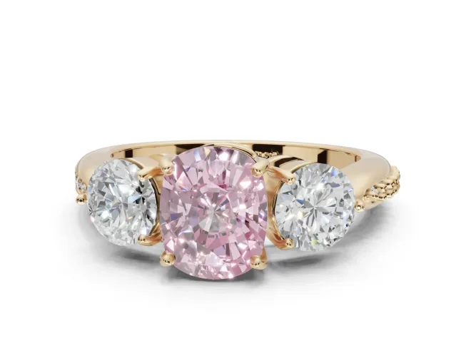 Cushion Cut Three Stone Engagement Ring Setting for a Fancy Pink Lab-Grown Diamond | Tapered Pavé Band | Yellow Gold