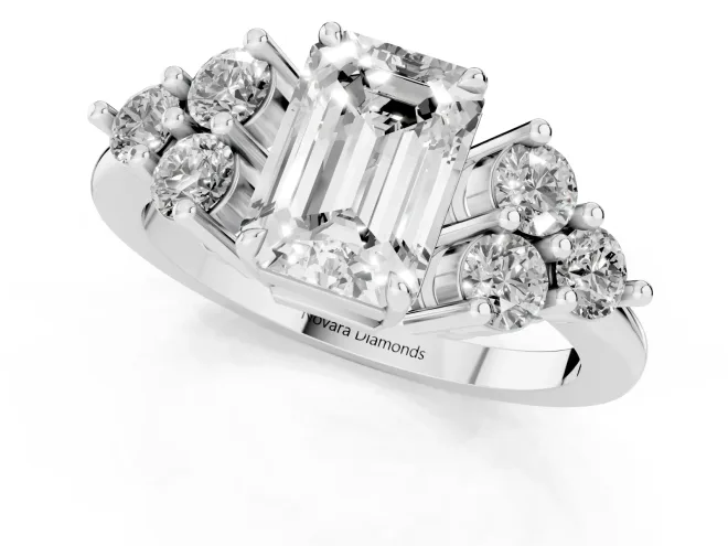 Emerald Cut Diamond Solitaire Ring Set in White gold with Cluster Accents on Each Side – second view