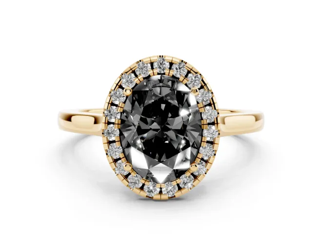 Fancy Black Oval Cut Halo Round Diamond Solitaire Ring Set in Yellow gold with Pavé Band and Prong Setting