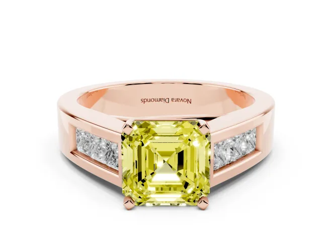 Fancy Yellow Asscher Cut Diamond Solitaire Ring Set in Rose gold with Channel-Set Accent Stones and Prong Setting