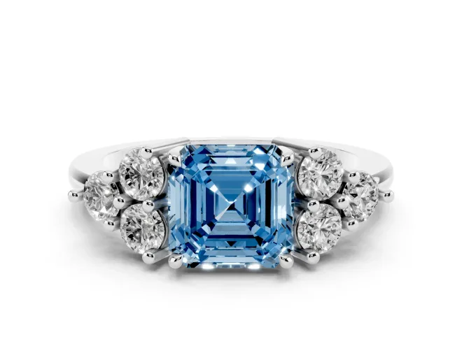 Asscher Cut Cluster Side Stone Engagement Ring Setting for a Fancy Blue Lab-Grown Diamond | Plain Band | Sterling Silver
