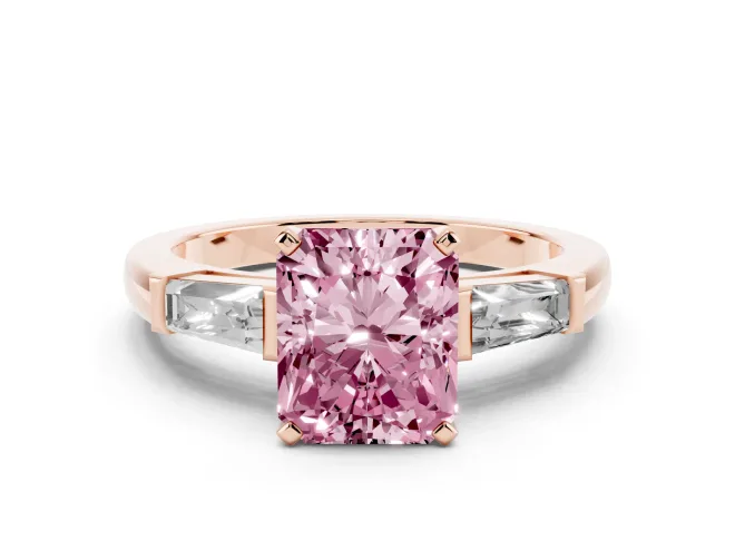 Radiant Cut Three Stone Engagement Ring Setting for a Fancy Pink Lab-Grown Diamond | Tapered Baguettes | Rose Gold