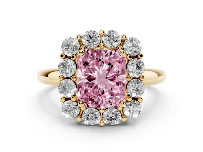 Radiant Cut Cluster Halo Engagement Ring Setting for a Fancy Pink Lab-Grown Diamond | Large Round Accents | Yellow Gold