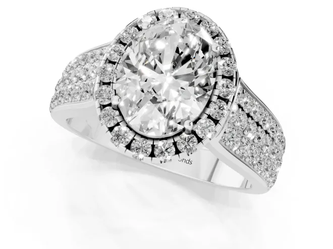 Oval Cut Diamond Halo Ring Set in Silver with Pavé Band and Raised Center Setting – second view