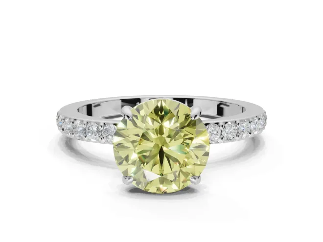 Round Hidden Halo Engagement Ring Setting for a Fancy Yellow Lab-Grown Diamond | Pavé Band | Platinum