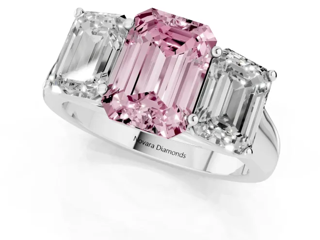 Fancy Pink Emerald Cut Diamond Three-Stone Ring Set in Silver with Plain Polished Band – second view