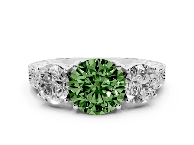 Fancy Green Round Cut Diamond Three-Stone Engagement Ring Set in White gold with Milgrain Pavé Band