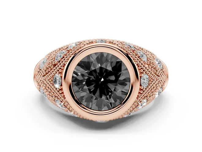 Fancy Black Round Cut Diamond Bezel Ring Set in Rose gold with Milgrain Accent Band