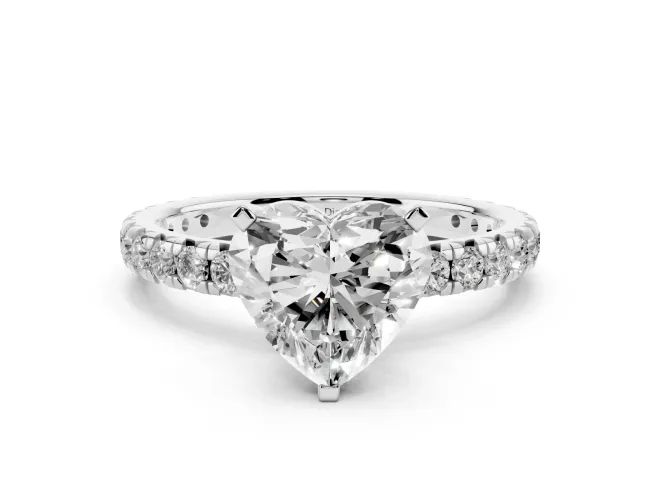 Heart Cut Diamond Pavé Solitaire Ring Set in Silver with Round Band and Prong Setting