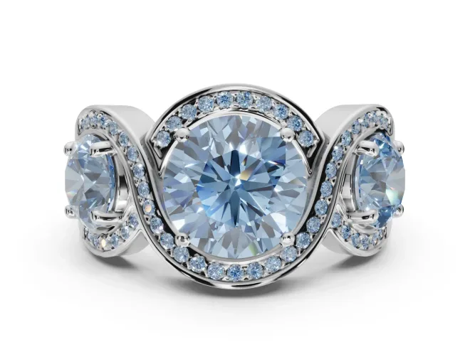 Round Three Stone Halo Engagement Ring Setting for a Fancy Blue Lab-Grown Diamond | Pavé Wave Band | White Gold