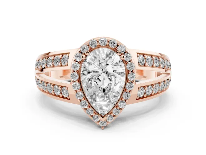 Pear Cut Diamond Halo Ring Set in Rose gold with Double Pavé Split Shank