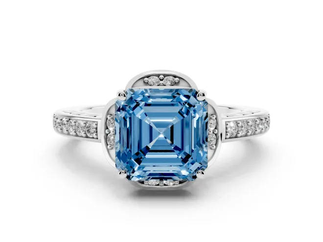 Asscher Cut Floral Pavé Engagement Ring Setting for a Fancy Blue Lab-Grown Diamond | Sterling Silver