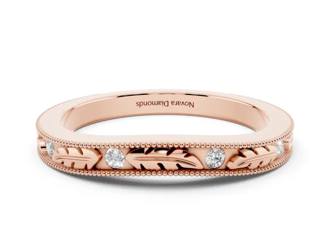 Round Lab-Grown Diamond Bezel Set Leaf Motif Wedding Band | Milgrain Edges | Rose Gold