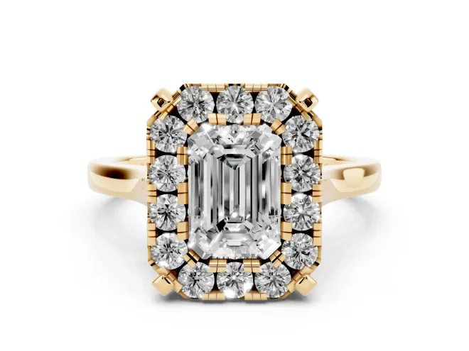 Emerald Cut Diamond Cluster Halo Solitaire Ring Set in Yellow gold with Prong Setting