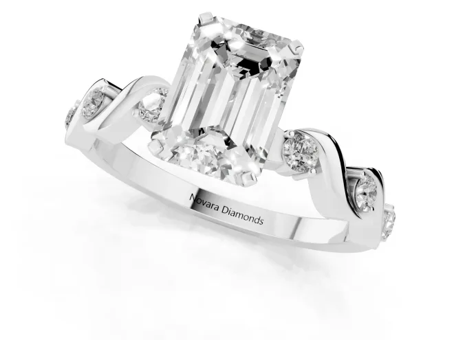 Emerald Cut Diamond Solitaire Ring Set in White gold with Ribbon Twist Band, Round Accents and Prong Setting – second view